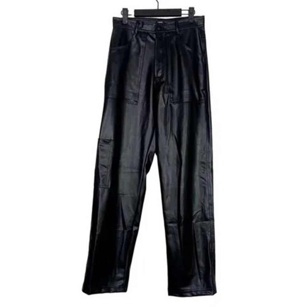 ZARA Wide Leg High Rise Faux Leather Edgy Moto Biker Full Length Pants M Black - Picture 13 of 16